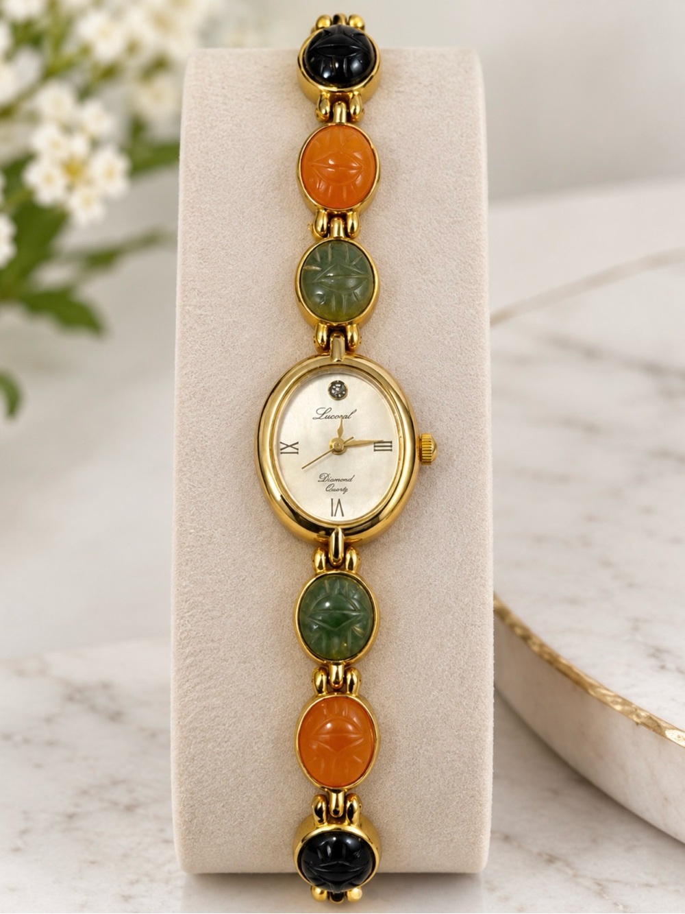 Vintage Lucoral Diamond Quartz Mother of Pearl Watch Japan Mvt Hong Kong Assembl